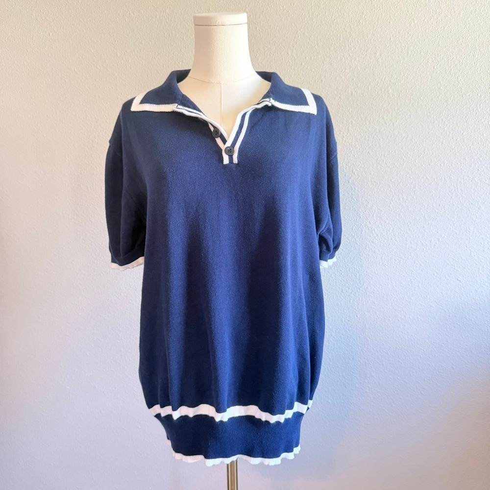 Classic Navy Blue Cotton Knit Polo Shirt White Trim Coastal Preppy Summer Top